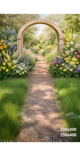 Tło fotograficzne „Wiosenna kwietna alejka z drewnianą bramą” | E601